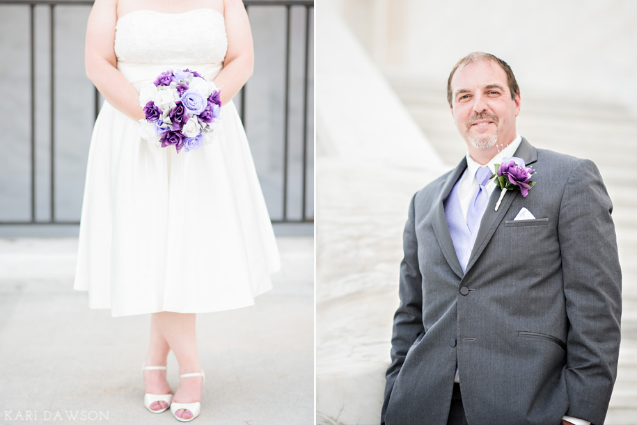 tea length wedding dress and purple bouquet