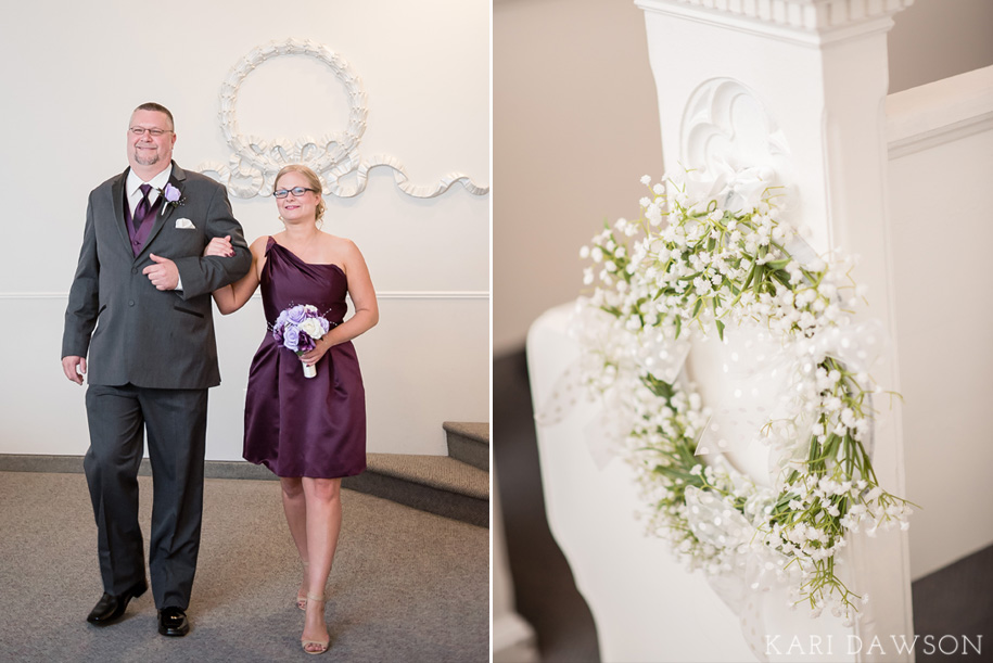 Ceremony Decor: baby's breath wreaths line the pews.