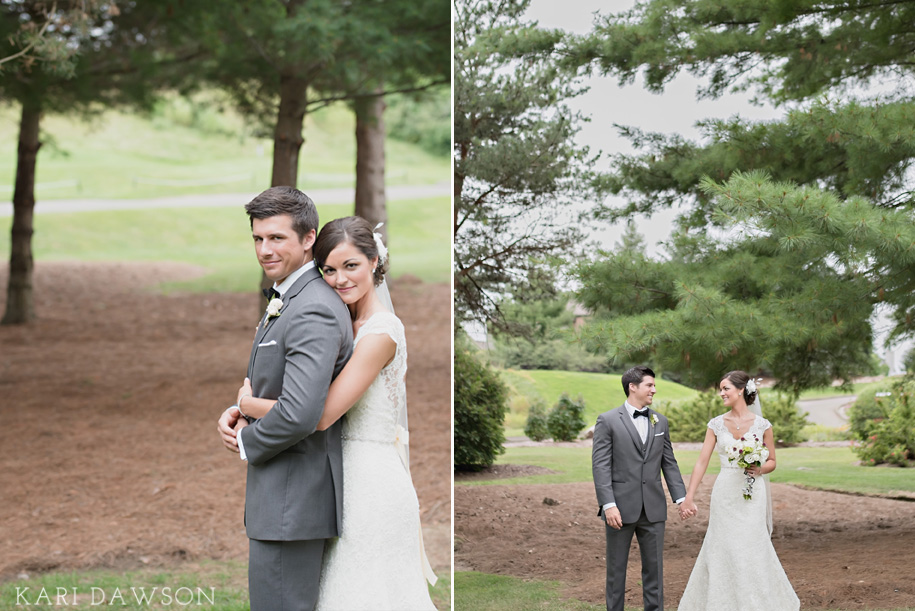 Lace wedding dress with open back l Rustic bouquet l Grey tuxedo l Bow tie l Rustic elegant black tie country club wedding