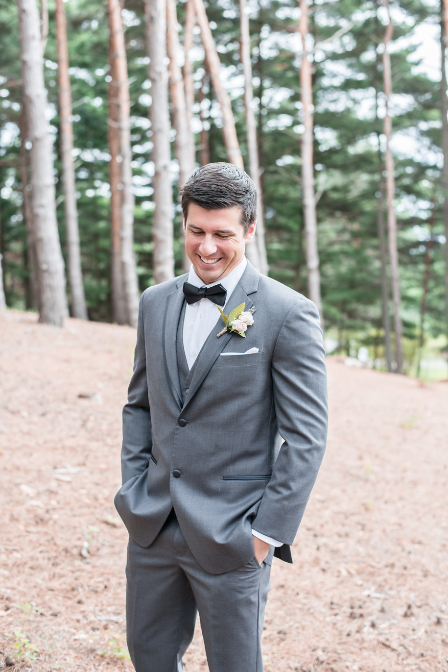 Sharp looking groom in his grey tuxedos l black tie country club wedding l rustic elegance