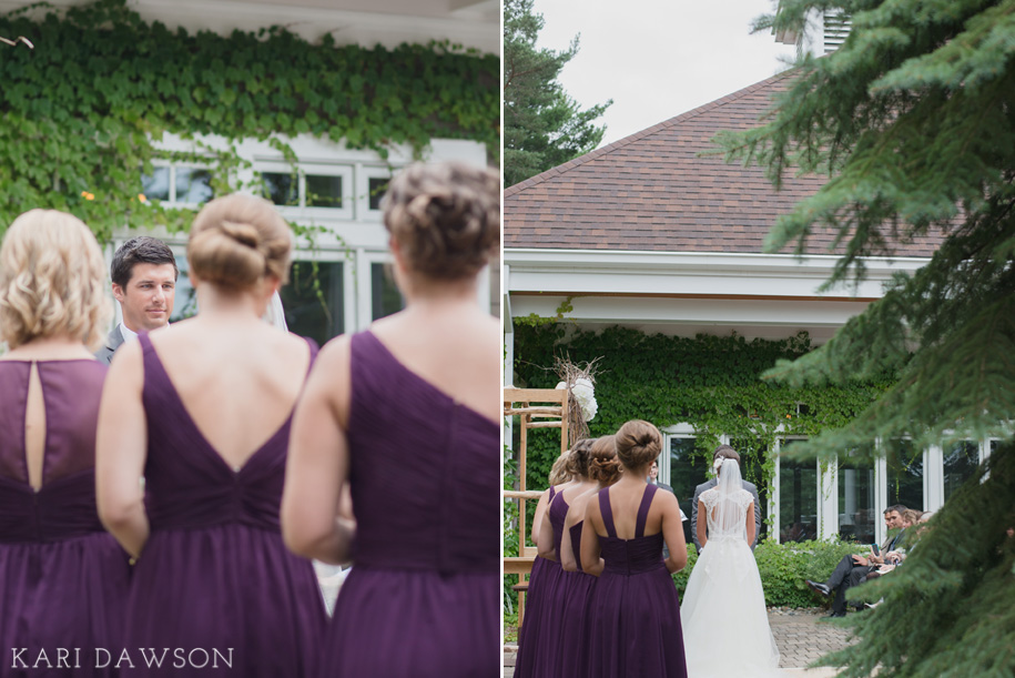 Bridesmaids in purple for this rustic elegant outdoor wedding ceremony in the woods.