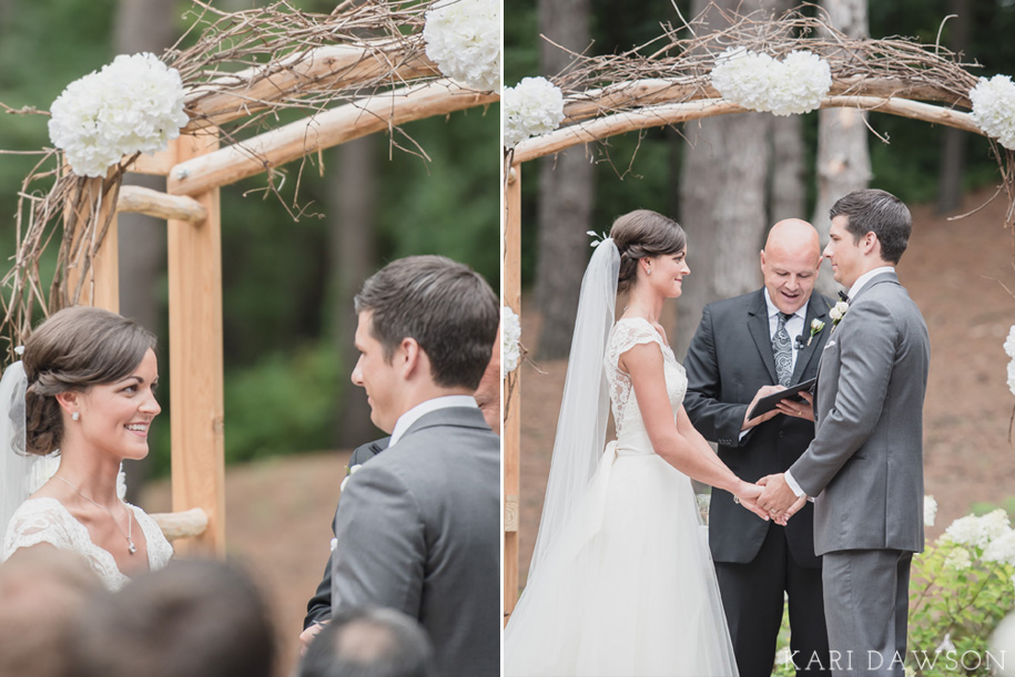 Rustic twig and branch arbor for a rustic elegant outdoor ceremony in the woods l Lace wedding dress and tulle skirt l Tuxedo l Bow tie