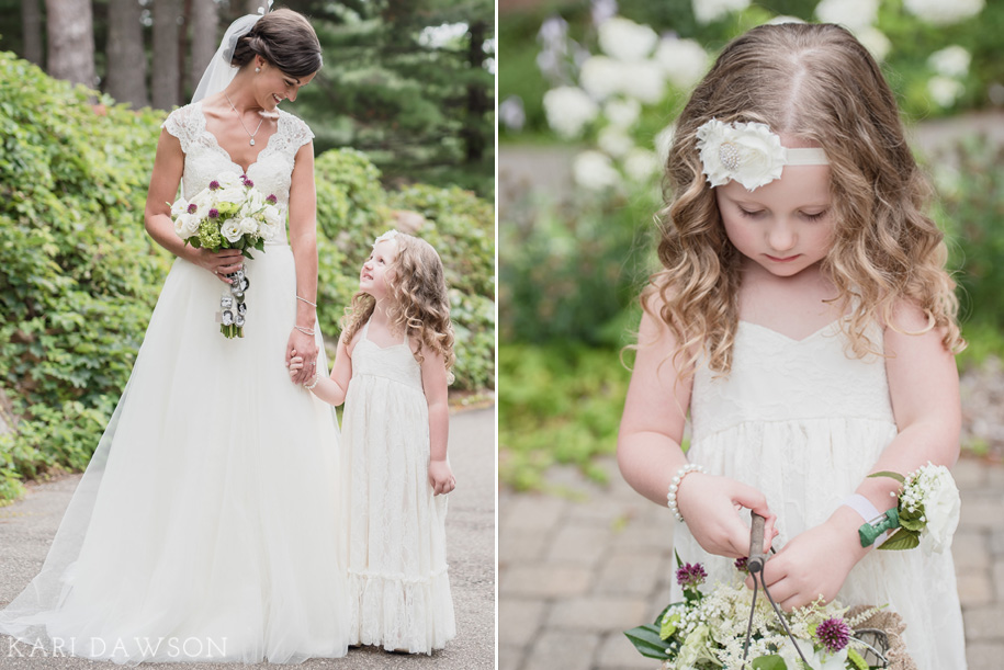 Rustic elegant florals and a rustic flower girl dress and basket for an elegant outdoor ceremony in the woods l Lace wedding dress with tull skirt l Bouquet