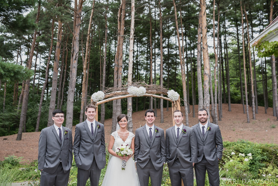Rustic elegant outdoor ceremony in the woods l Groomsman l Black tie country club wedding l Grey tuxedo l Bouts l Bouquet l Lace wedding dress with tulle skirt