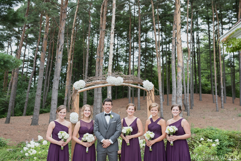 Rustic elegant outdoor wedding ceremony in the woods l Purple Bridesmaid Dress l Grey tuxedo l Bow tie l Bouts l Bouquet l Black tie country club wedding