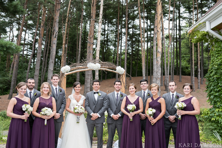 Rustic elegant outdoor wedding ceremony in the woods l Wedding party l Bridal party l Black tie country club wedding l Purple bridesmaid dress l Grey tuxedo