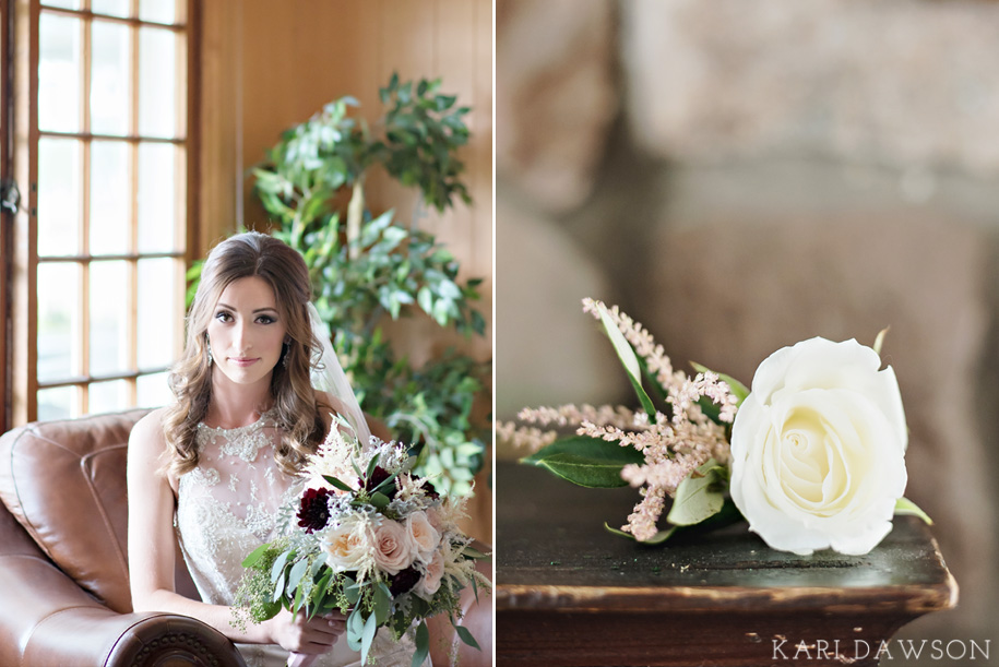 Gorgeous bridal portrait at Waldenwoods Ann Arbor, Michigan with a lace halter wedding dress and rustic bouquet.