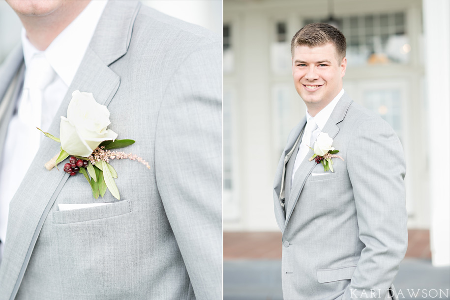 Groom's wedding day attire l gray suit l michael kors watch l Rustic Waldenwoods Hartland, Michigan Summer Wedding l Rose boutonniere with berries l White tie
