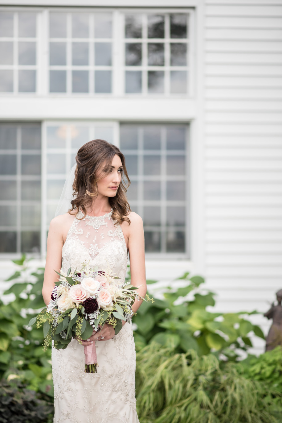 Rustic Ann Arbor Wedding with Garden Rose bouquet of pinks, greens, and wine.
