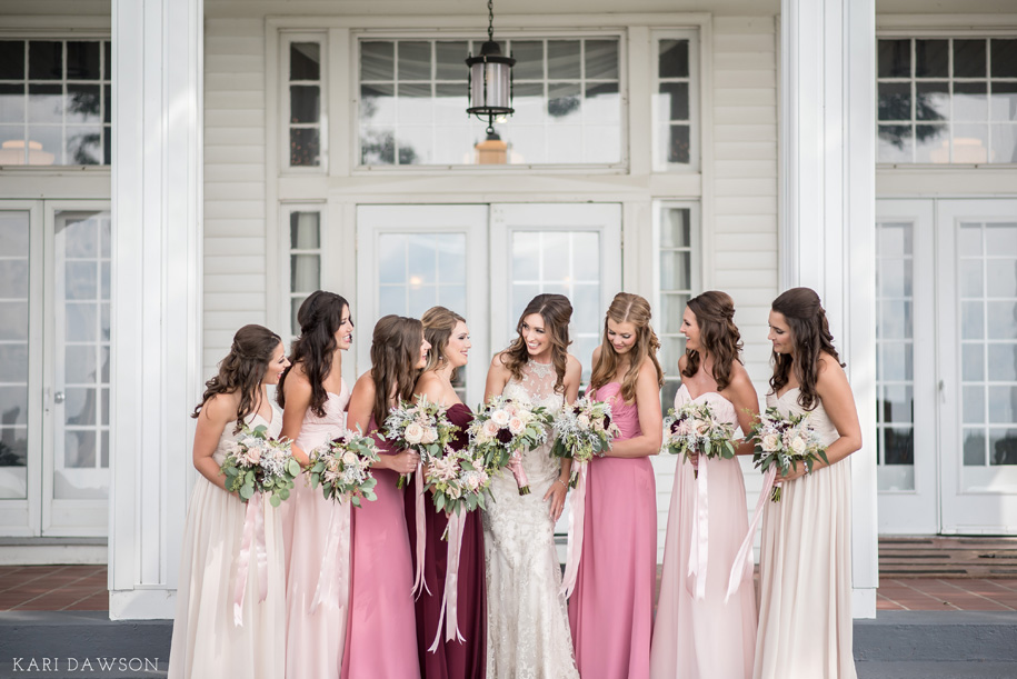 Vintage style wedding l Bridesmaids in pinks and wines l Rustic bridal bouquet with cascading ribbon l Shabby Chic Waldenwoods Wedding