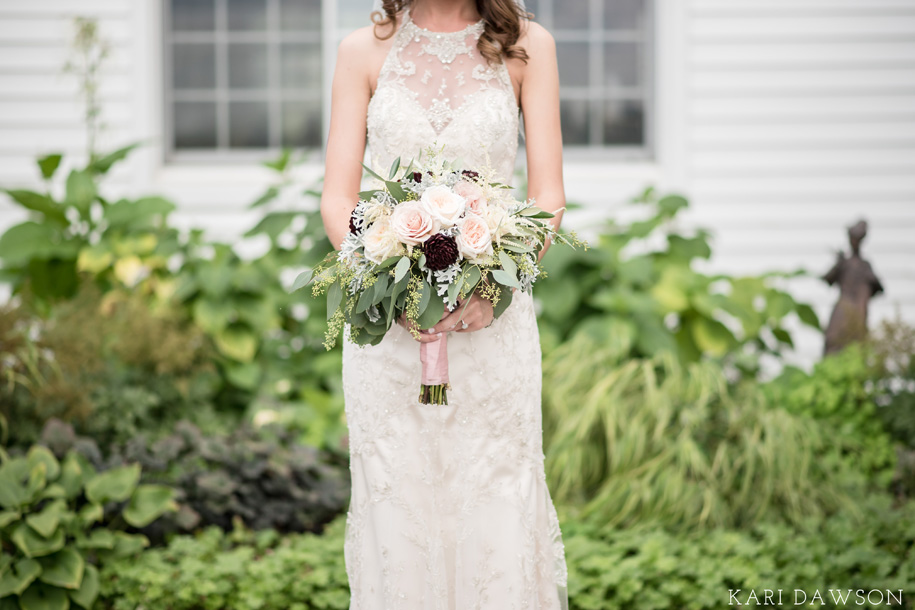 Rustic Ann Arbor Wedding with Garden Rose bouquet of pinks, greens, and wine.