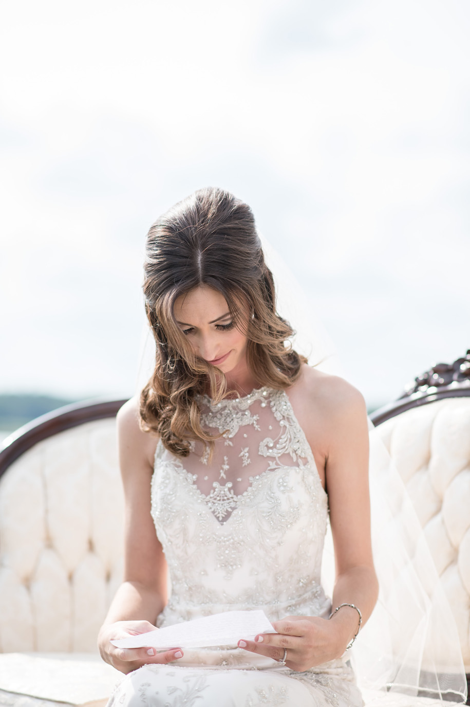 Gorgeous bridal portrait at Waldenwoods Ann Arbor, Michigan with a lace halter wedding dress