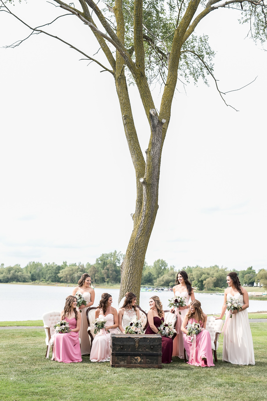 Vintage style wedding l Bridesmaids in pinks and wines l Rustic bridal bouquet with cascading ribbon l Shabby Chic Waldenwoods Wedding on the Water