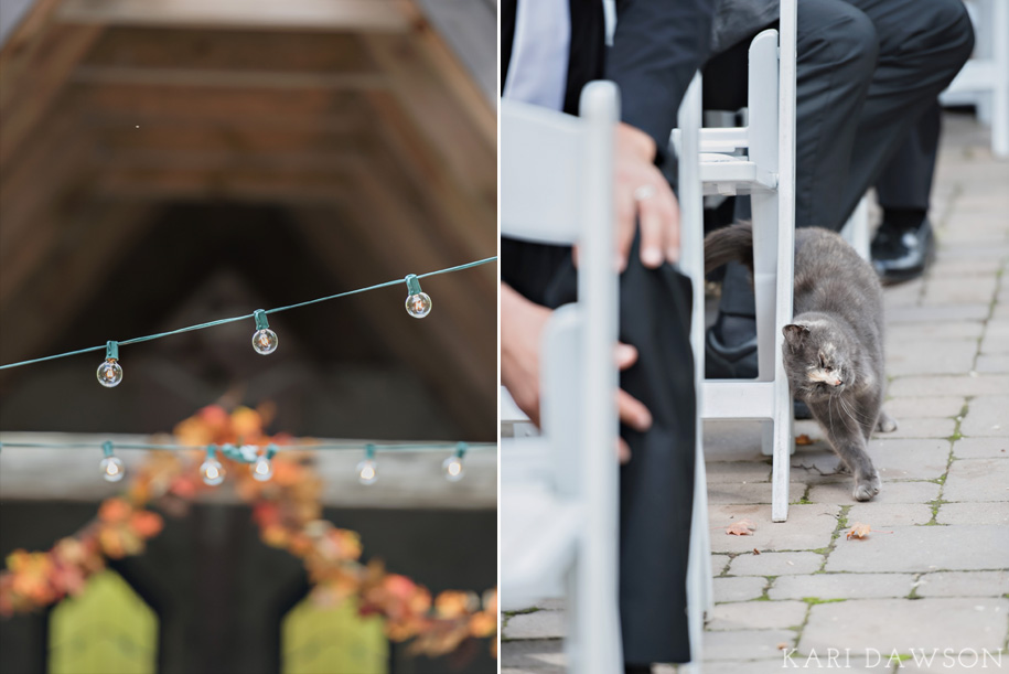 String Lights for an Outdoor Ceremony and a Cat that  joined the Celebration l Rustic and Romantic Outdoor Inner Circle Estate Wedding in the Woods by Kari Dawson