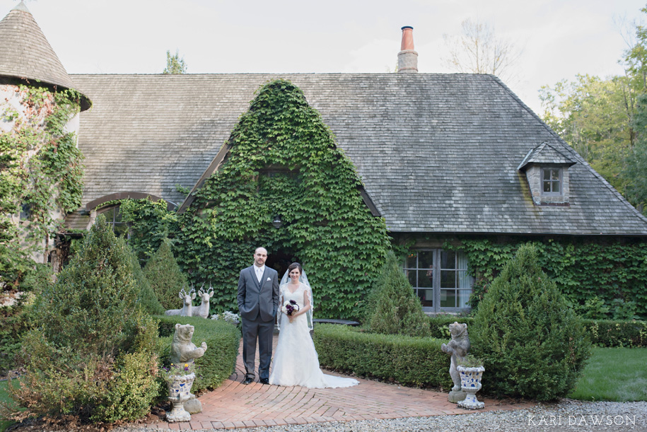 Bride and Groom Portrait outside the Castle l Purple, Cream and Grey Wedding l Rustic and Romantic Outdoor Inner Circle Estate Wedding in the woods by Kari Dawson