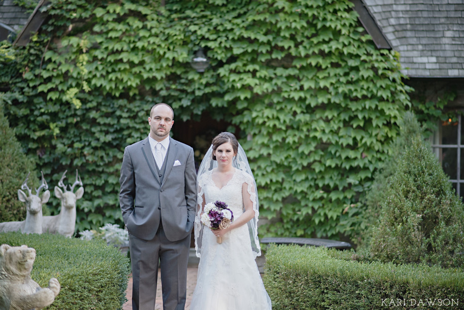 I love a vintage inspired bride and groom portrait l Purple, Cream and Grey Wedding l Rustic and Romantic Outdoor Inner Circle Estate Wedding in the woods by Kari Dawson