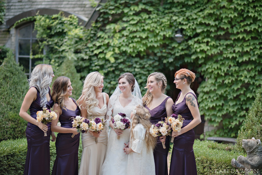 Bridesmaids in Purple with DIY Fabric Bouquets l Purple, Cream and Grey Wedding l Rustic and Romantic Outdoor Inner Circle Estate Wedding in the woods by Kari Dawson