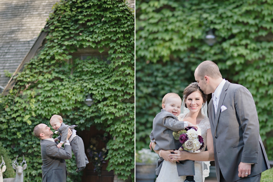 What a cute family picture of the Bride and Groom with their little boy at their wedding l Purple, Cream and Grey Wedding l Rustic and Romantic Outdoor Inner Circle Estate Wedding in the woods by Kari Dawson