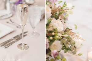 Silver and black champagne glasses for the bride and groom . Pink and bronze glamour. Fall centerpiece for an autumn wedding in pinks, purples and golds with copper vessels and succulents by Kari Dawson Photography