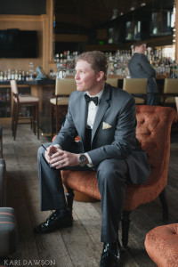 Grey tuxedo and black bow tie for this elegant and modern black tie wedding by Kari Dawson Photography