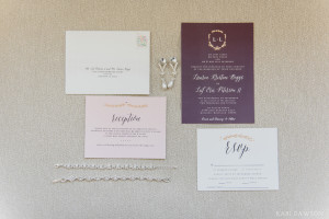 Glamorous and elegant wedding invitation suite in shades of pink, plum, cream and gold by Kari Dawson Photography