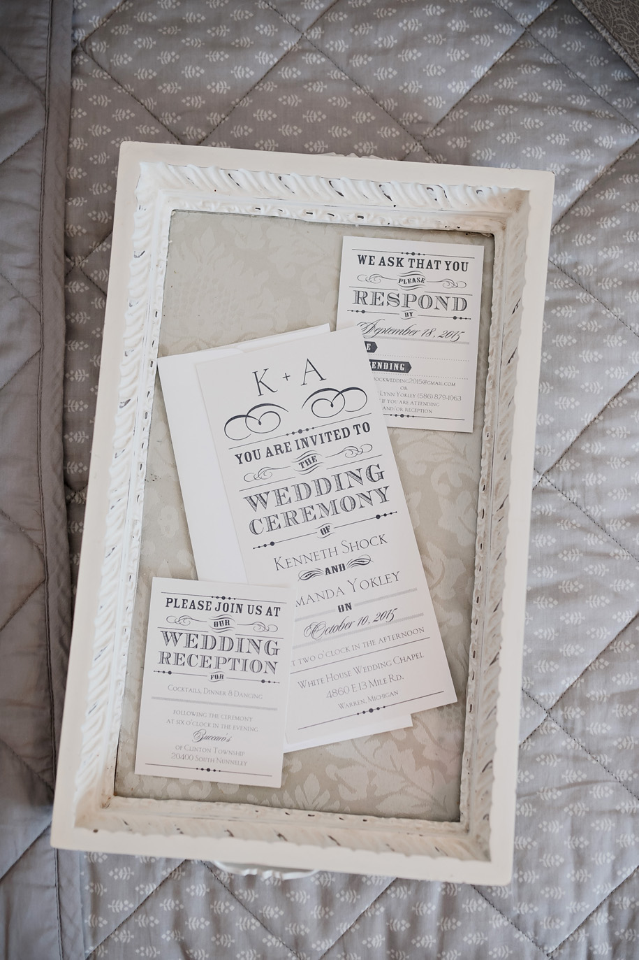 Simple, classic, modern wedding invitations in champagne and grey with a hint of shimmer. They're a glamorous touch for an autumn wedding in Michigan by Kari Dawson