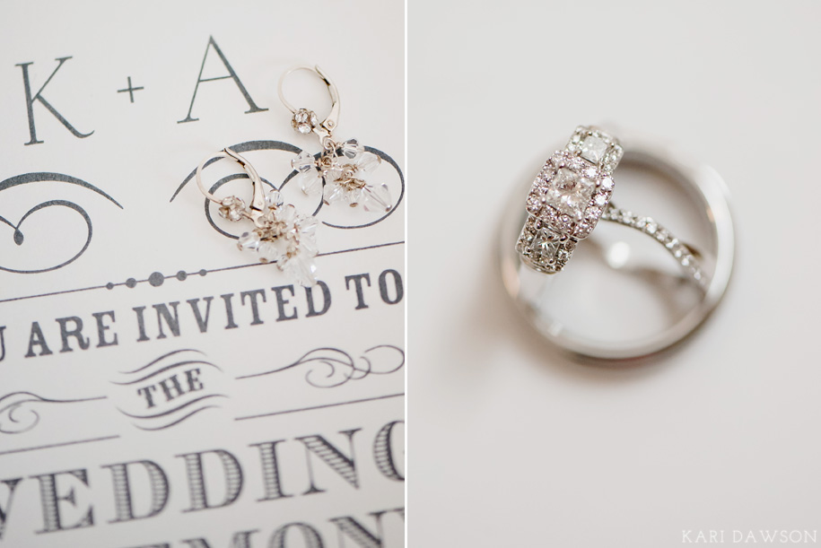 A bride's wedding day bridal jewelry displayed on her modern and simple wedding invitations . A fall wedding in Michigan by Kari Dawson