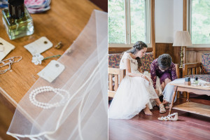 Steve Madden wedding day sandals. Three piece wedding dress will full floor length tulle skirt and lace overlay top. Navy and coral Skyline Camp wedding in the woods in Almont, Michigan by Kari Dawson Photography, top rated Metro Detroit Wedding Photographer.