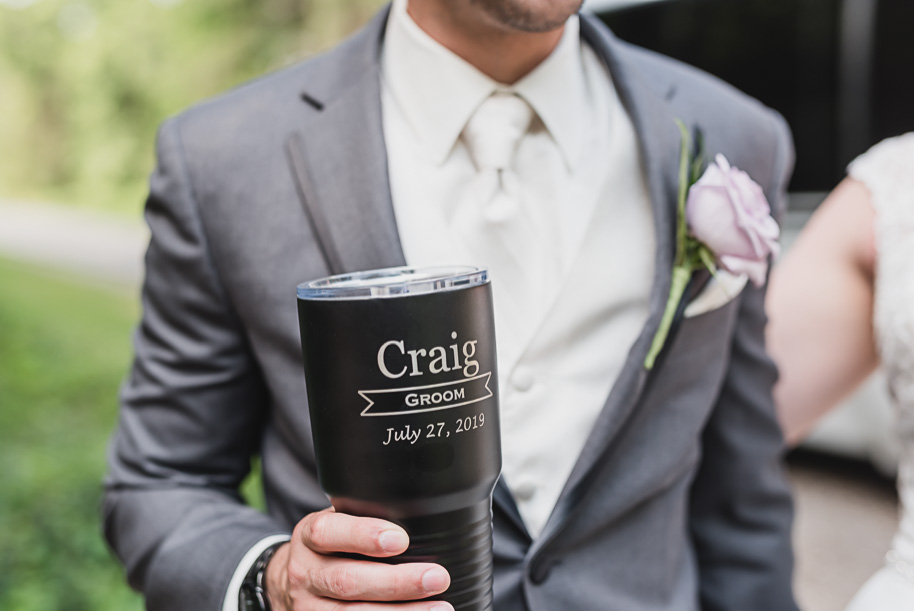 Personalized tumbler for the groom on his wedding day. Lilac and Gray Summer Michigan Wedding in Romeo, Michigan provided by Kari Dawson, top-rated Romeo wedding photographer, and her team.