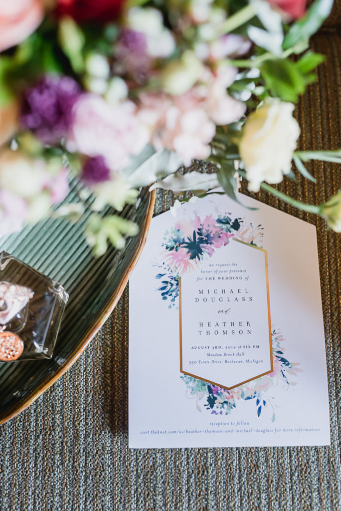 Whimsical and colorful wedding day invitation suite. Colorful Meadow Brook Mansion wedding in Rochester, Michigan provided by Kari Dawson, top-rated Rochester, Michigan wedding photographer, and her team. 