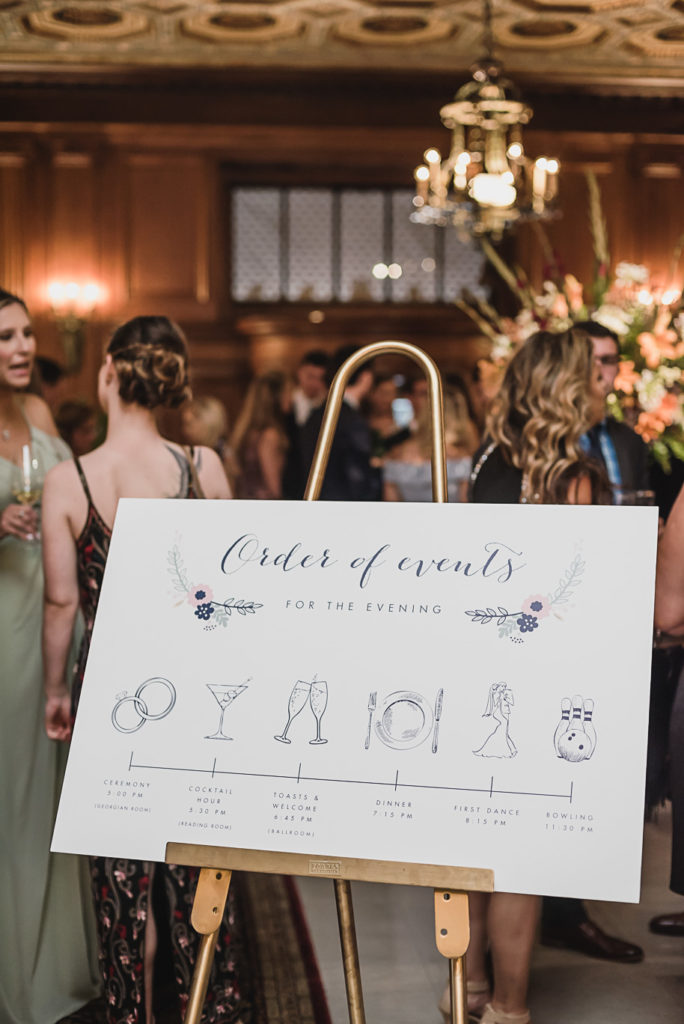 Order of Events custom wedding timeline signage. Sage and navy summer wedding at the Detroit Athletic Club in Detroit, Michigan provided by Kari Dawson, top-rated Detroit wedding photographer, and her team.
