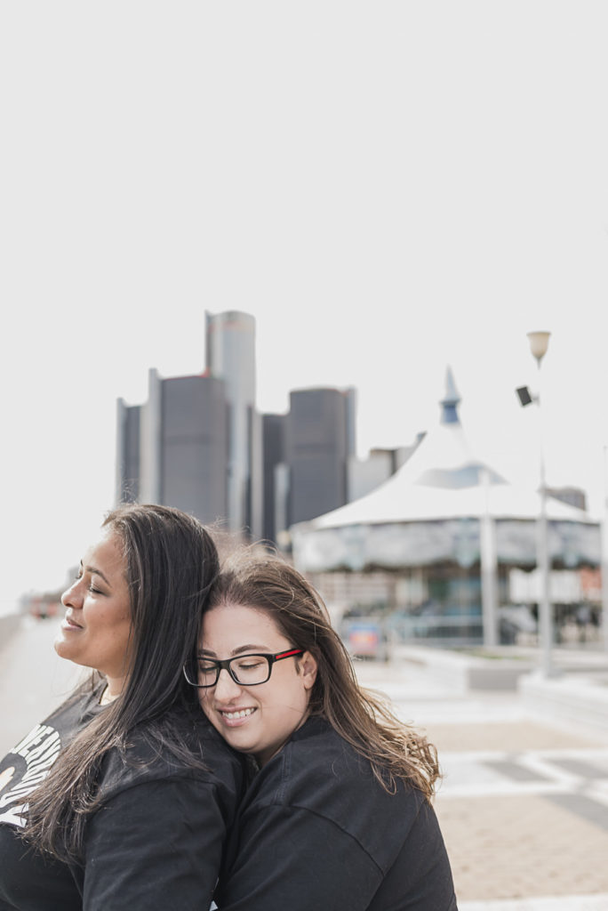 Downtown Detroit Riverwalk Engagement. Same Sex Lesbian Couple Engagement Photos in Detroit Michigan by Kari Dawson Photography.