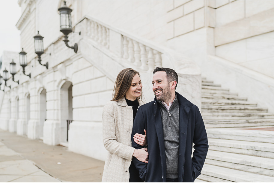 Downtown Detroit engagement photos in the winter at the Shinola Hotel and Detroit Institute of Arts with their adorable bernadoodle puppy by top-rated Detroit wedding photographer Kari Dawson.