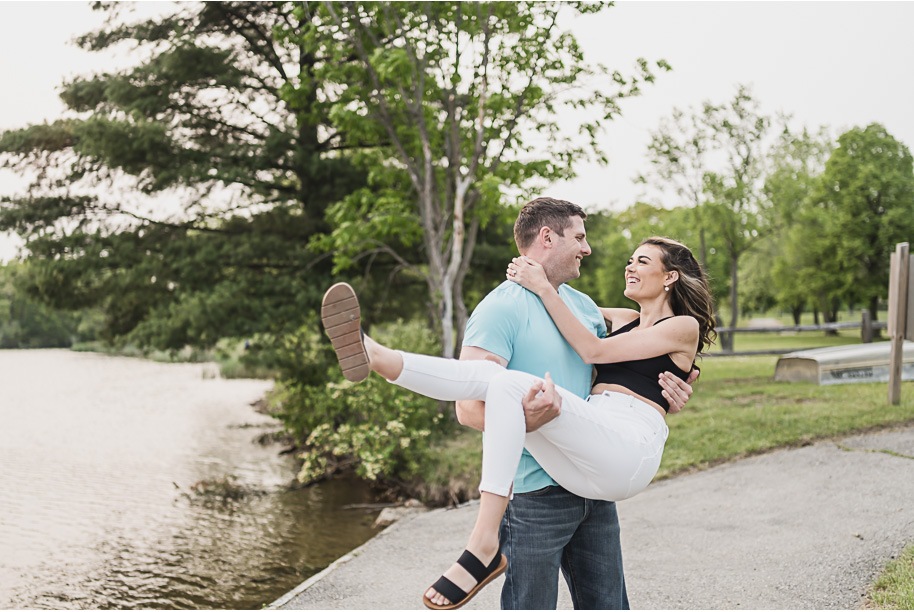 Summer Stony Creek Engagement Photos in the woods and on the water by top-rated Detroit wedding photographer Kari Dawson.