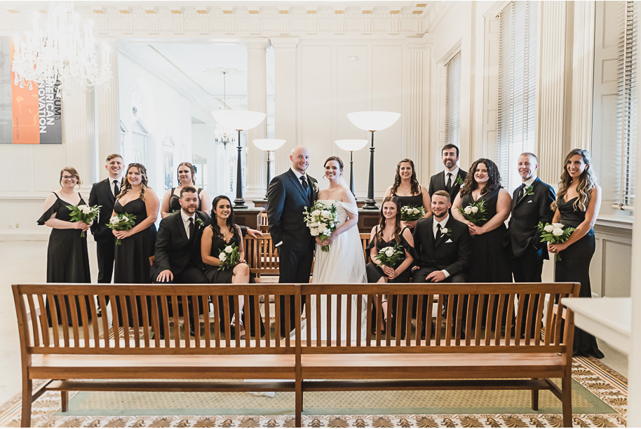 A spring black and white Lovett Hall wedding at Greenfield Village in Dearborn, Michigan provided by Kari Dawson Photography.