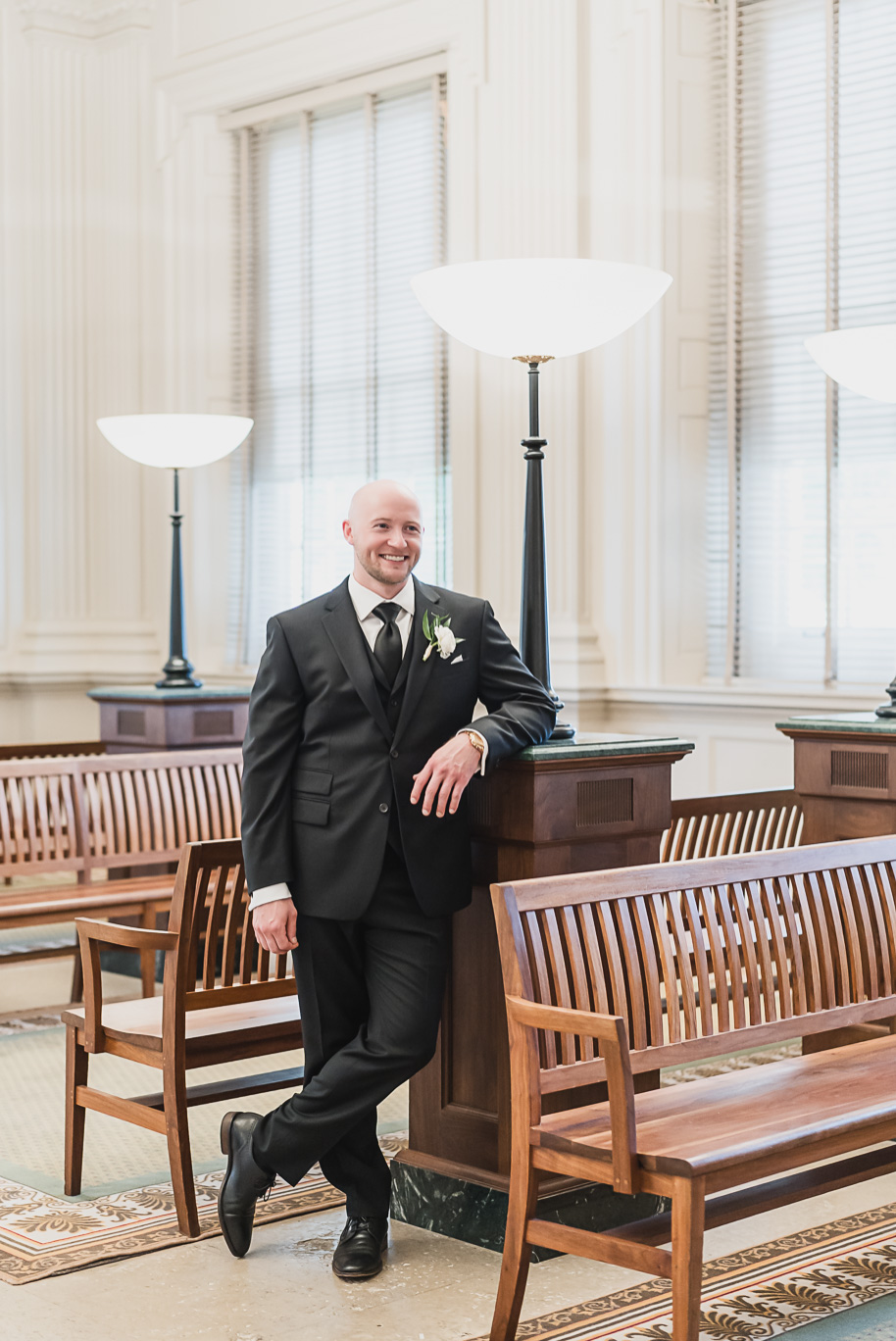 A spring black and white Lovett Hall wedding at Greenfield Village in Dearborn, Michigan provided by Kari Dawson Photography.