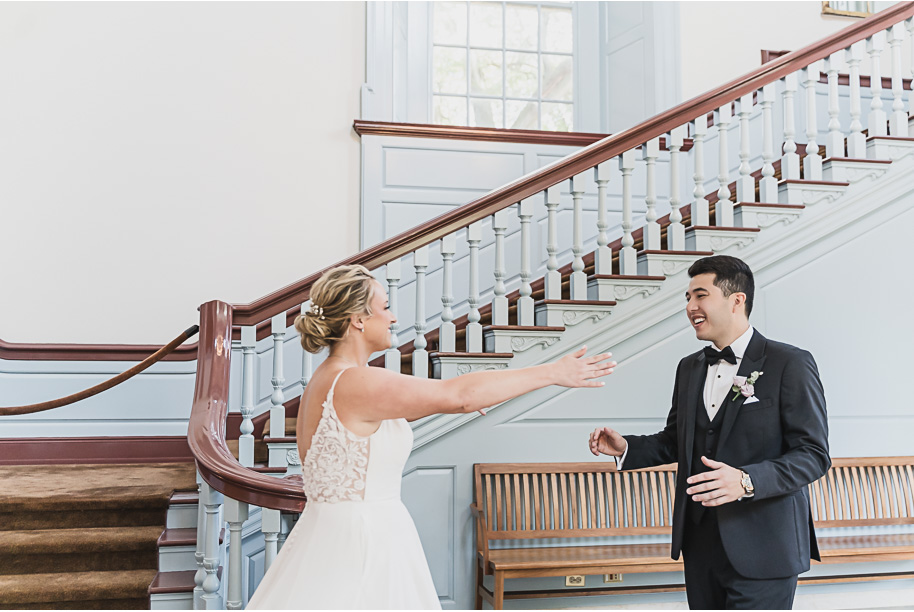 A sunny summer pastel color palette Lovett Hall wedding in Dearborn, Michigan at Greenfield Village provided by Kari Dawson.