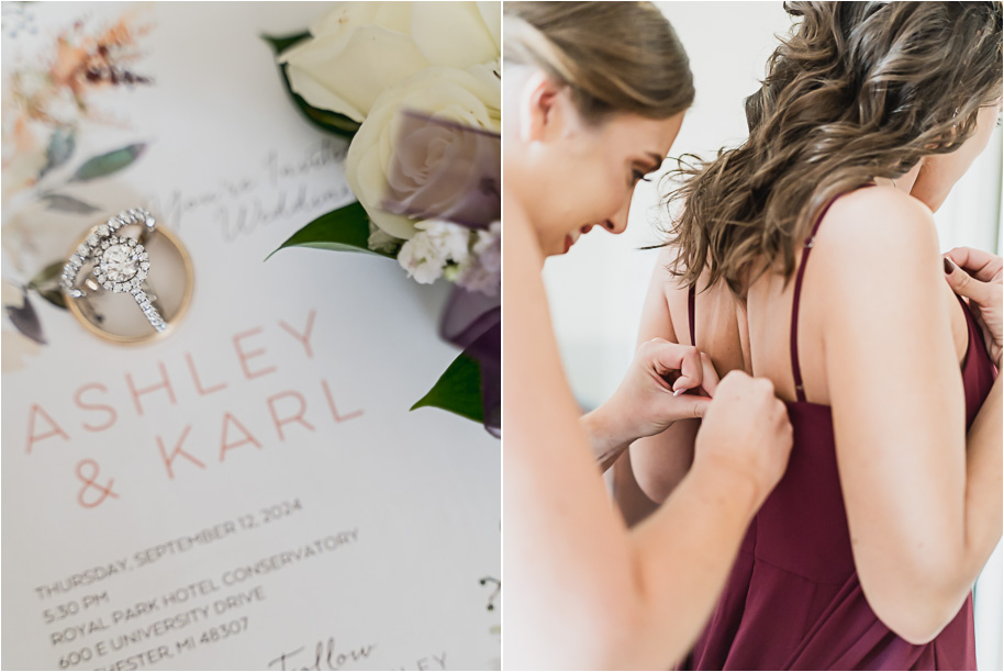 A romantic late summer intimate wedding at the Royal Park Hotel in Rochester, Michigan provided by top-rated Rochester wedding photograher Kari Dawson and her team.