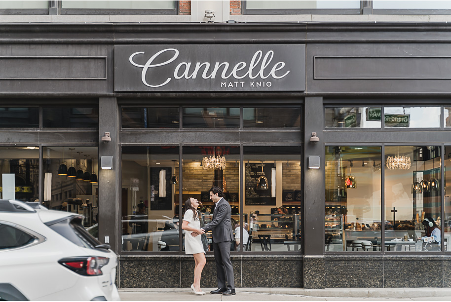 A classicly styled romantic downtown Detroit engagement session provided by top-rated Detroit wedding photographer Kari Dawson.