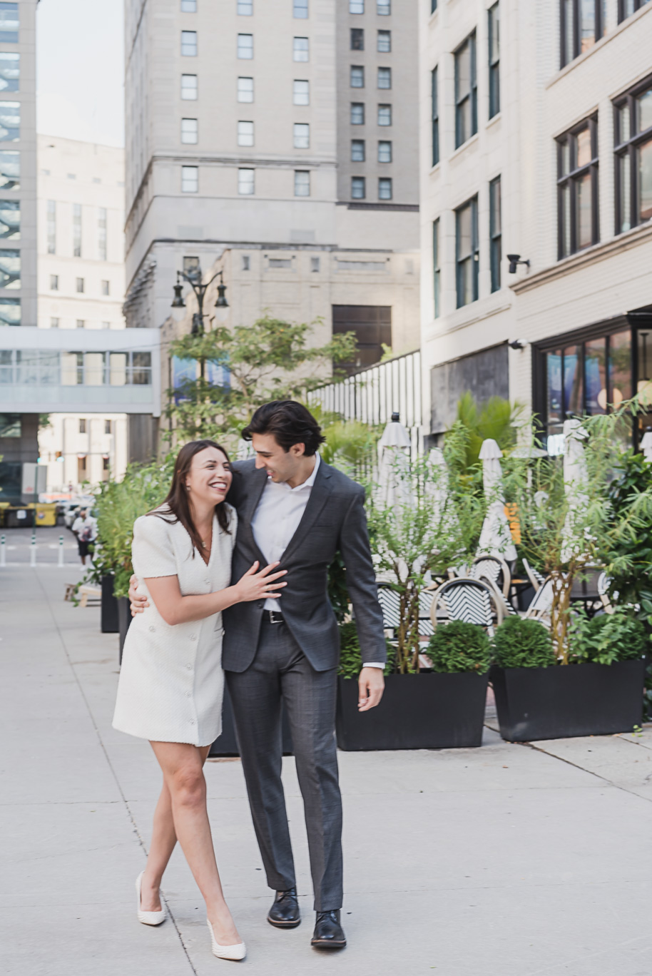 A classicly styled romantic downtown Detroit engagement session provided by top-rated Detroit wedding photographer Kari Dawson.