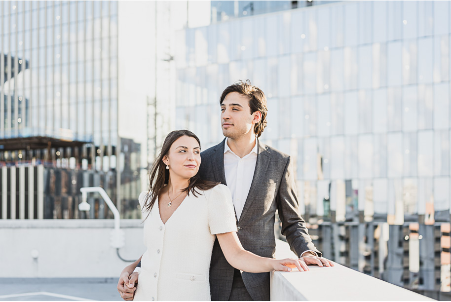 A classicly styled romantic downtown Detroit engagement session provided by top-rated Detroit wedding photographer Kari Dawson.