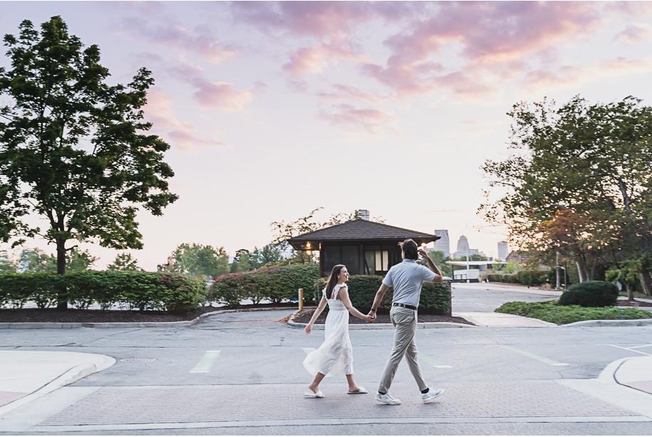 A classicly styled romantic downtown Detroit engagement session provided by top-rated Detroit wedding photographer Kari Dawson.