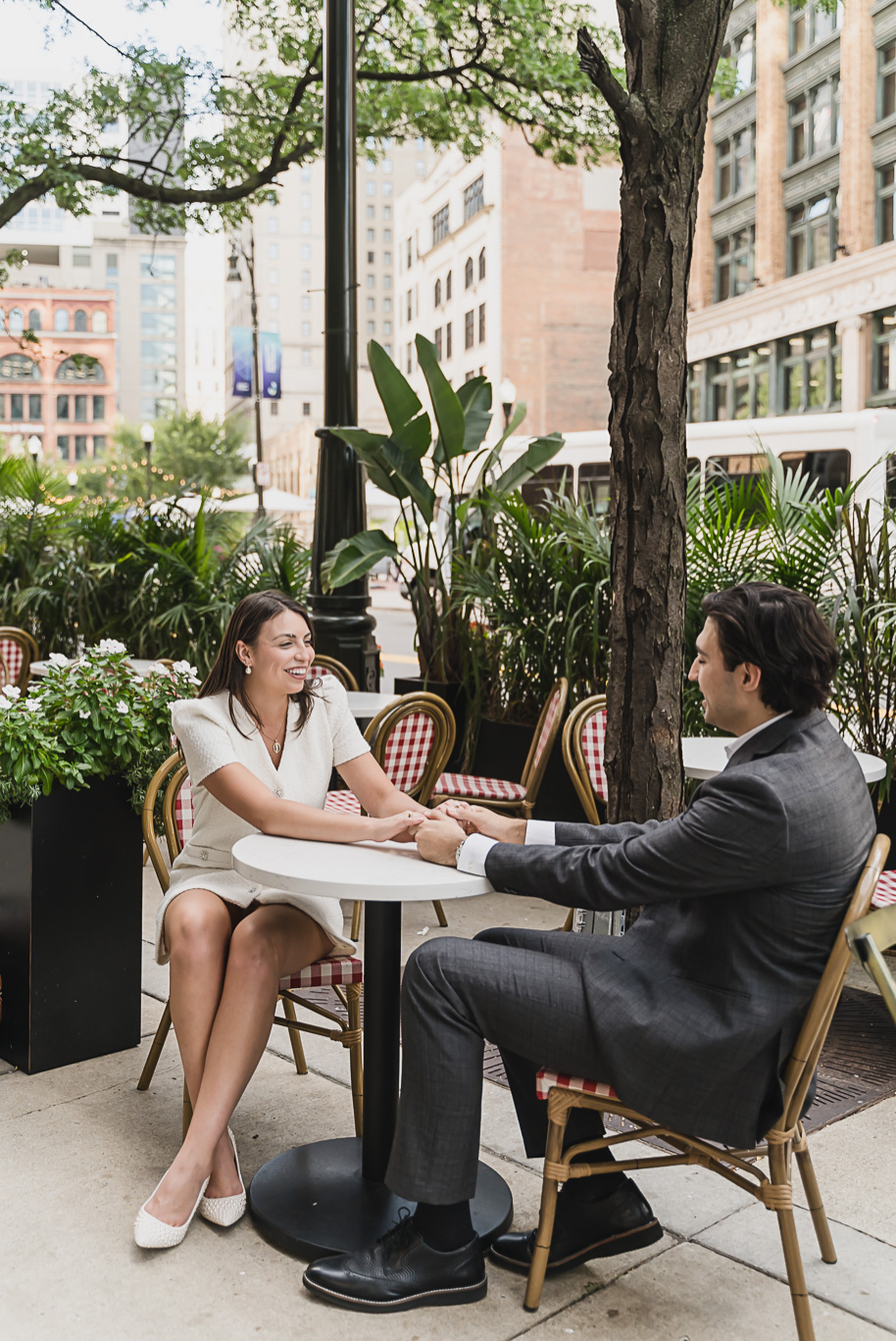 A classicly styled romantic downtown Detroit engagement session provided by top-rated Detroit wedding photographer Kari Dawson.