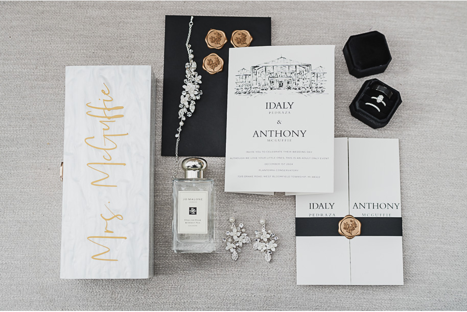 A classic black and white black tie winter Planterra wedding in West Bloomfield, Michigan provided by top-rated Detroit wedding photographer, Kari Dawson and her team.