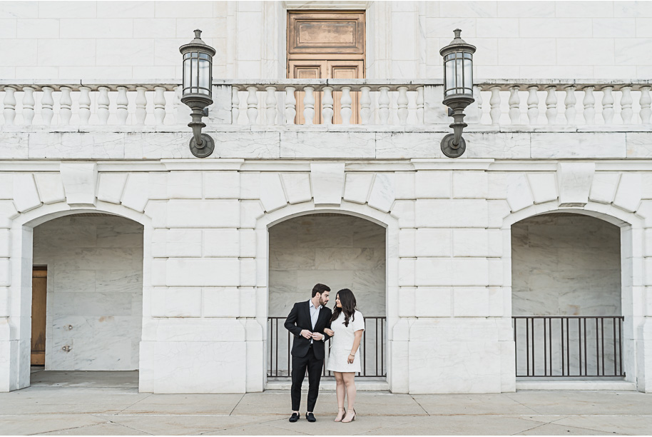 An editorial moment for this couple during their Detroit Institute of Arts downtown Detroit Engagement photos by Kari Dawson