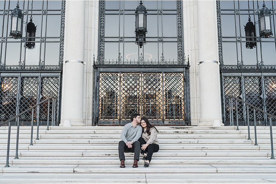 A fun candid moment for this couple during their Detroit Institute of Arts downtown Detroit Engagement photos by Kari Dawson