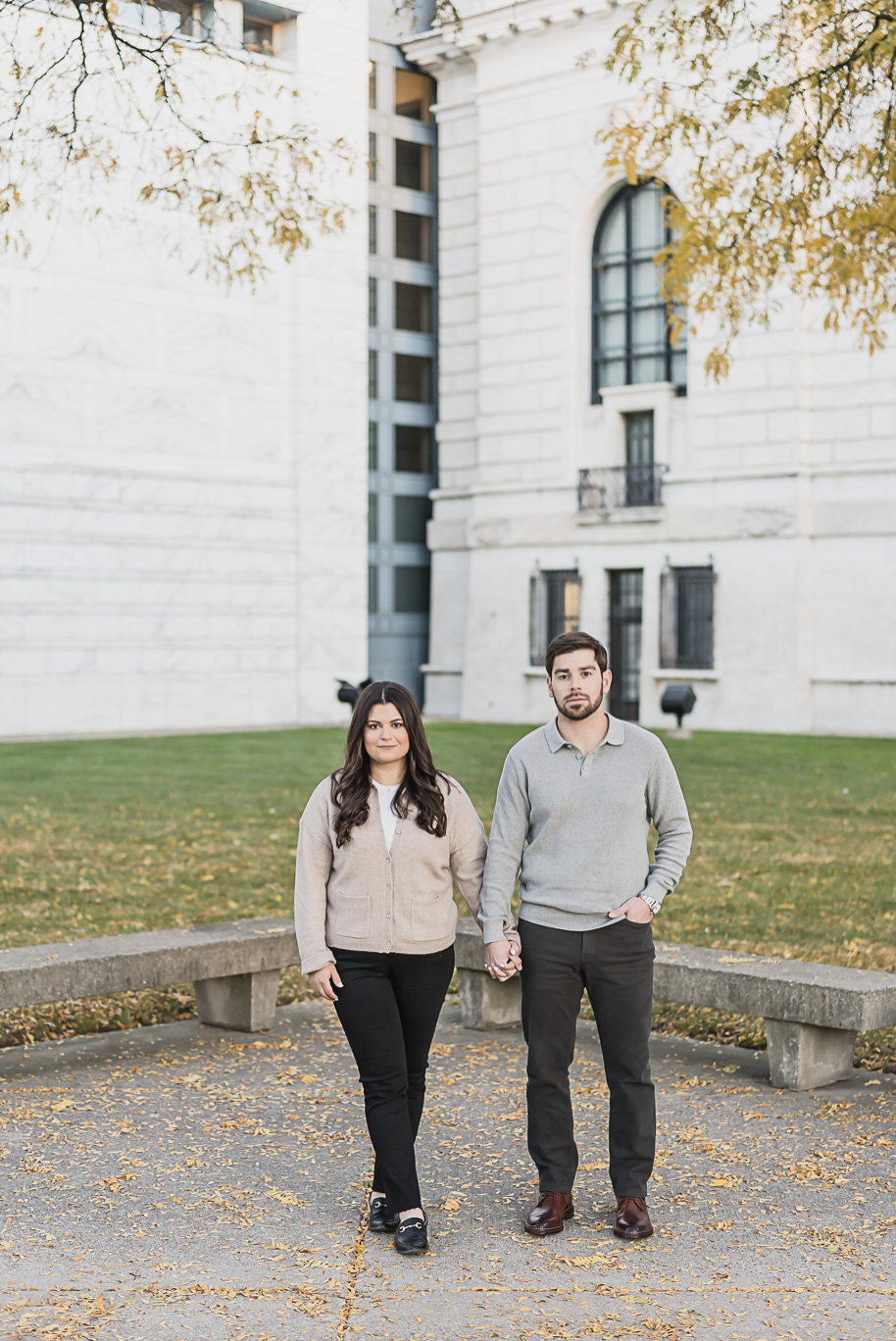An editorial moment for this couple during their Detroit Institute of Arts downtown Detroit Engagement photos by Kari Dawson