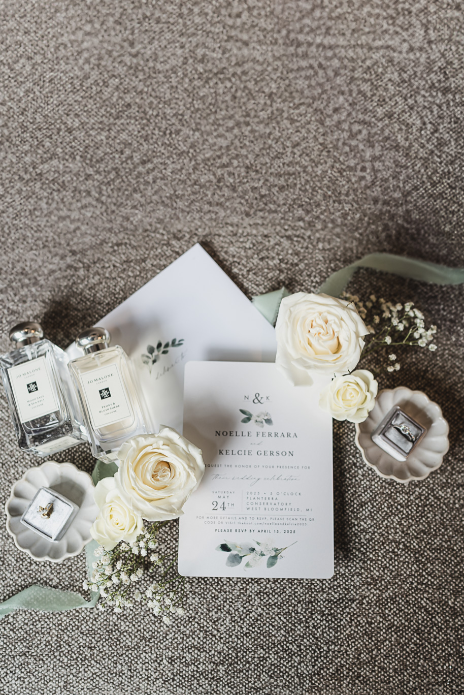 A summer black tie lush Planterra Conservatory Wedding same sex in West Bloomfield Michigan by Kari Dawson.