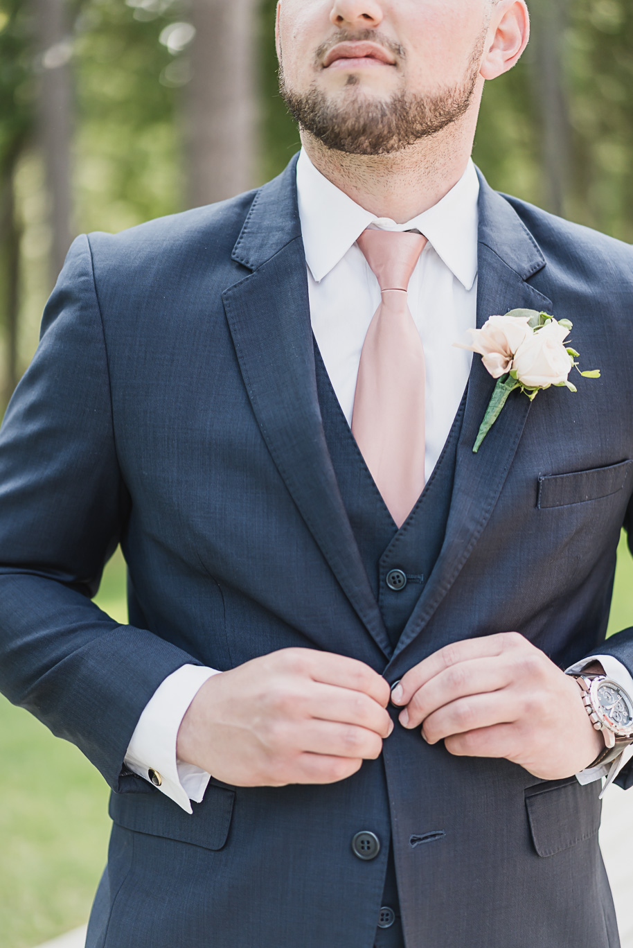 Dusty rose and navy wedding at Tobacco Ranch with sunset portraits and emotional ceremony