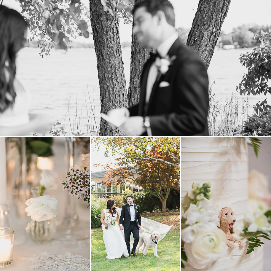 Black and white photo of bride and groom reading vows by the lake at Bay Pointe Golf Club Jewish wedding, detail shot of white floral centerpieces with candles, romantic portrait of couple walking with their dog on the lawn, and whimsical wedding cake design featuring a dog figurine surrounded by flowers.